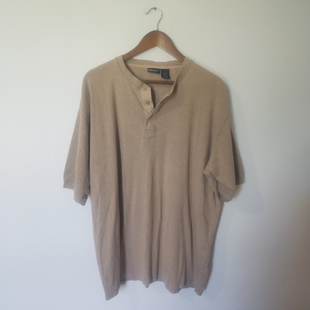 Cherokee Cotton Henley Shirt Mens Large Tan Short Sleeve Casual Basic Minimalist